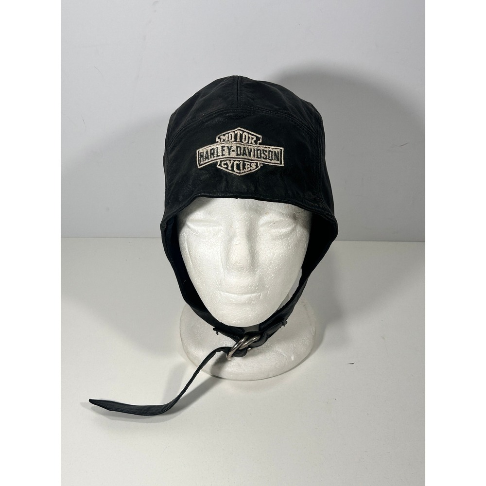 Harley Davidson Genuine Leather Aviator Biker Cap Black XL Made in USA